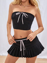Sweet Black & Pink Strapless Crop Top And Ultra-Short Skirt Set